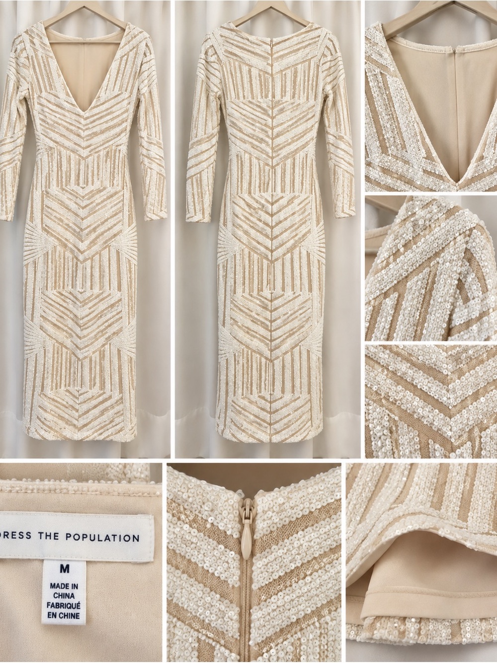 Dress the Population Ivory Sequin Long Sleeve Sheath Dress